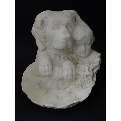 1229 - A 19thC carved alabaster sculpture depicting a dog and a young child. Indistinctly signed to reverse... 