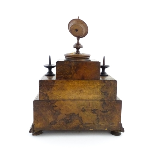 1244 - A 19thC burr walnut tiered sewing box / casket, of stepped form, comprising three sections containin... 