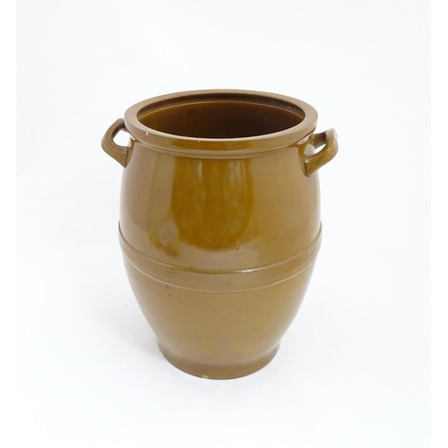 1260A - An early to mid 20thC large ceramic salt glazed pot / crock, with two handles. Approx 18 1/4