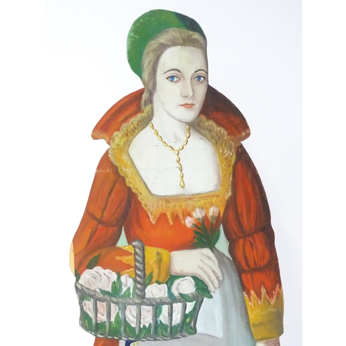 1267 - A large 20thC figural dummy board with hand painted decoration depicting a young lady holding a bask... 