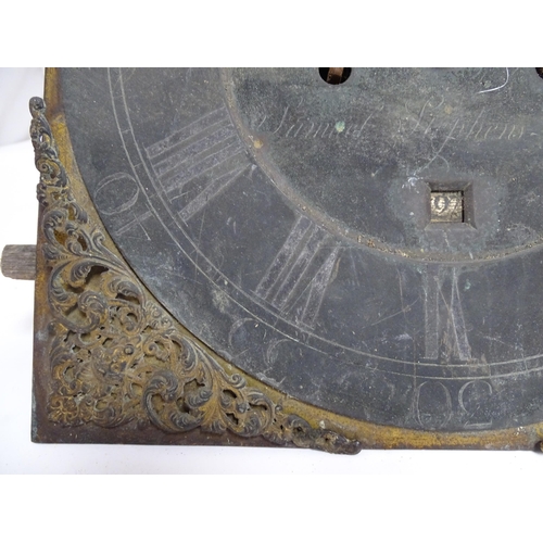 1393 - An early 18thC 8 day brass faced longcase clock movement by Samuel Stephens, London. Together with 2... 