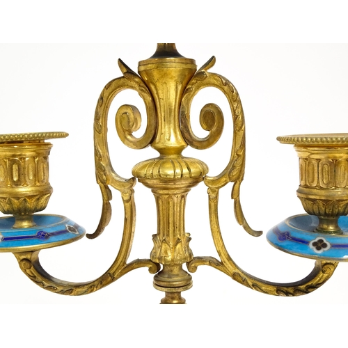 1412 - A 19thC French Japy Freres gilt metal and enamelled clock garniture, the blue penal decorated with g... 