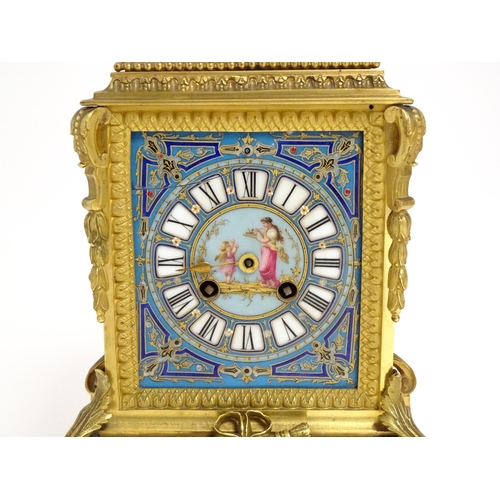 1412 - A 19thC French Japy Freres gilt metal and enamelled clock garniture, the blue penal decorated with g... 