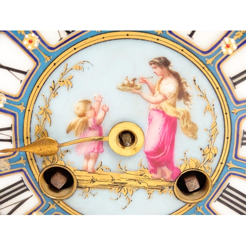 1412 - A 19thC French Japy Freres gilt metal and enamelled clock garniture, the blue penal decorated with g... 