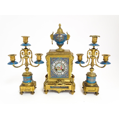 1412 - A 19thC French Japy Freres gilt metal and enamelled clock garniture, the blue penal decorated with g... 