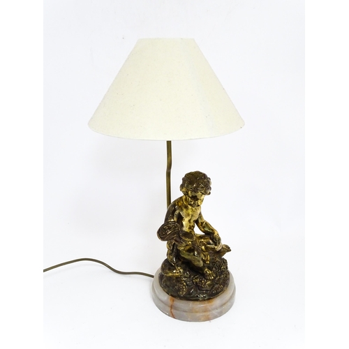 1419 - A 20thC table lamp decorated with a Bacchanalian figure mounted on an alabaster base. Approx. 21