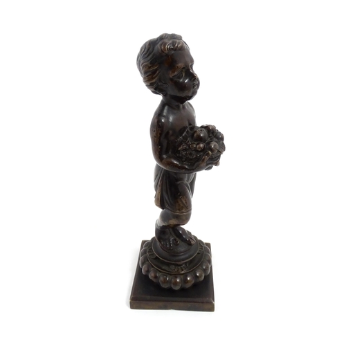 1009 - A 19thC cast bronze sculpture modelled as a young boy holding a basket of fruit. Approx. 11