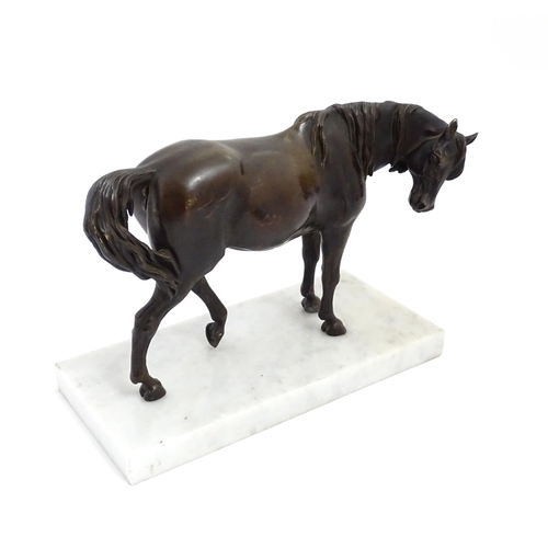 1015 - A 20thC cast sculpture modelled as a standing horse, raised on a marble base. Approx. 7 1/4