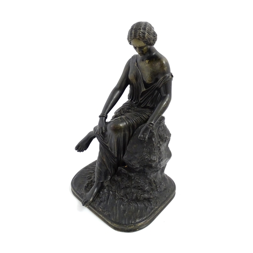 1022 - A 19thC cast sculpture modelled a seated Classical lady on a naturalistic base. Approx. 12 1/4