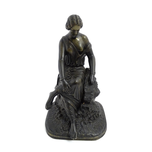 1022 - A 19thC cast sculpture modelled a seated Classical lady on a naturalistic base. Approx. 12 1/4