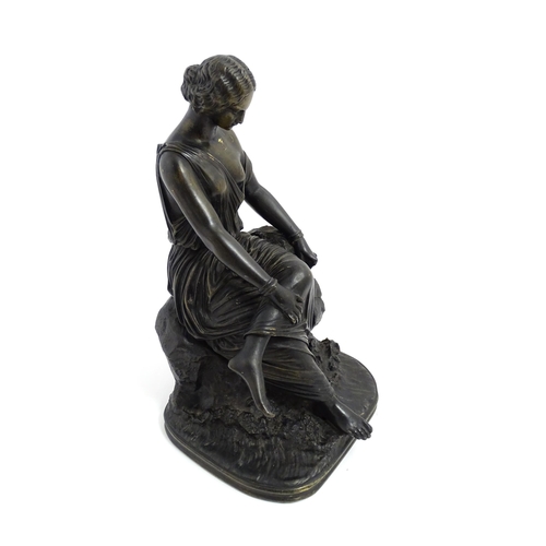 1022 - A 19thC cast sculpture modelled a seated Classical lady on a naturalistic base. Approx. 12 1/4