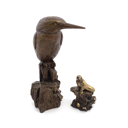 1074 - Two 20thC bronzed resin sculptures after Brian Elton comprising Kingfisher, and Seal. Both with cast... 