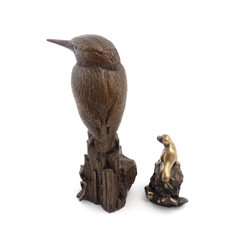 1074 - Two 20thC bronzed resin sculptures after Brian Elton comprising Kingfisher, and Seal. Both with cast... 