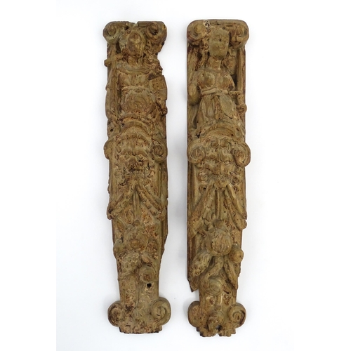 1076 - Two 18th / 19thC carved wooden caryatid brackets each depicting an ecclesiastical female figure, wit... 