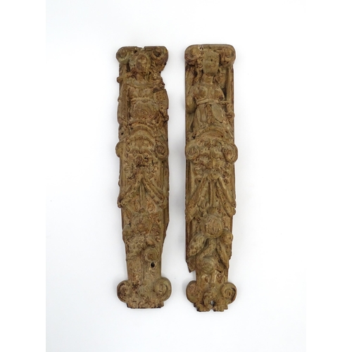 1076 - Two 18th / 19thC carved wooden caryatid brackets each depicting an ecclesiastical female figure, wit... 