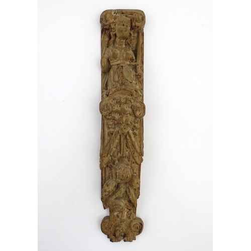 1076 - Two 18th / 19thC carved wooden caryatid brackets each depicting an ecclesiastical female figure, wit... 