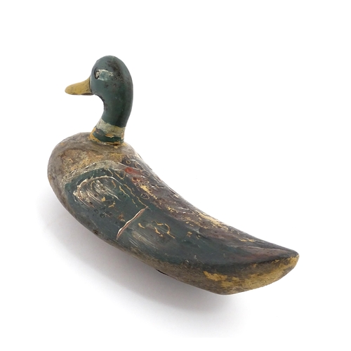 1077 - An early 20thC hand carved and painted wooden duck decoy in the form of a drake Mallard , approx 14