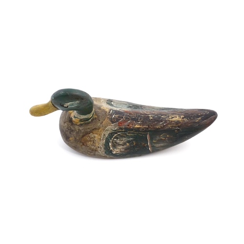 1077 - An early 20thC hand carved and painted wooden duck decoy in the form of a drake Mallard , approx 14