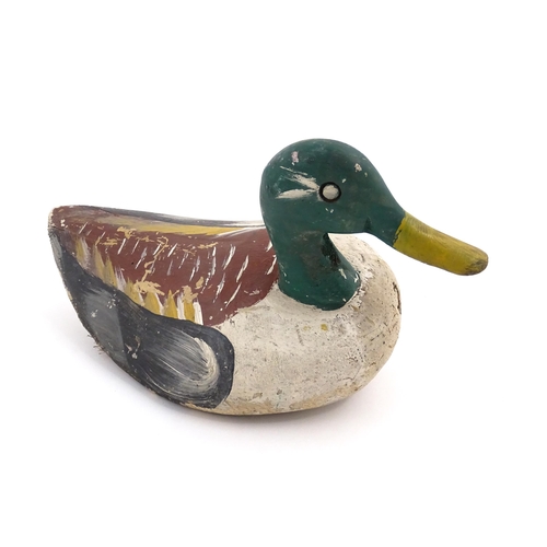 1078 - An early 20thC hand carved and painted wooden duck decoy in the form of a drake Mallard, approx 12