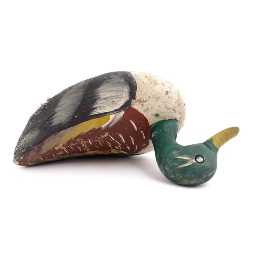 1078 - An early 20thC hand carved and painted wooden duck decoy in the form of a drake Mallard, approx 12