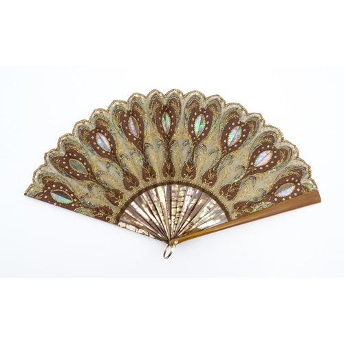 1081 - A French 19thC fan with 16 abalone sticks with embroidered, sequin and abalone detail to leaves, the... 