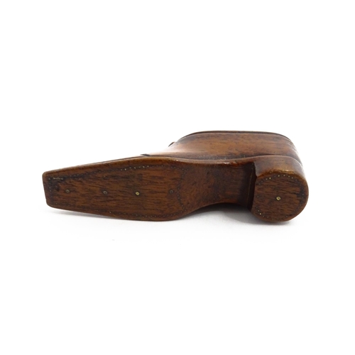 1137 - Treen : A 19thC shoe snuff box with sliding lid and inlaid studwork decoration. Approx. 4 1/4