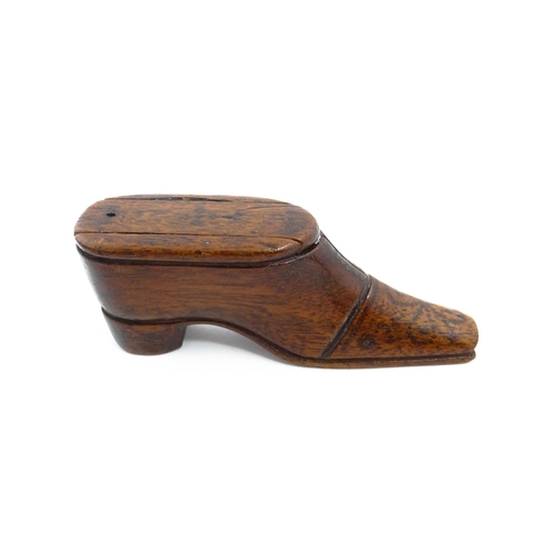 1137 - Treen : A 19thC shoe snuff box with sliding lid and inlaid studwork decoration. Approx. 4 1/4