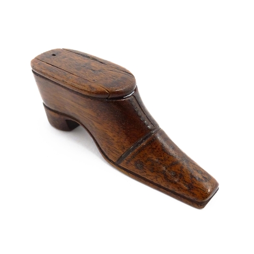 1137 - Treen : A 19thC shoe snuff box with sliding lid and inlaid studwork decoration. Approx. 4 1/4