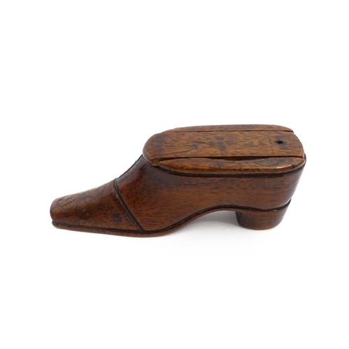 1137 - Treen : A 19thC shoe snuff box with sliding lid and inlaid studwork decoration. Approx. 4 1/4