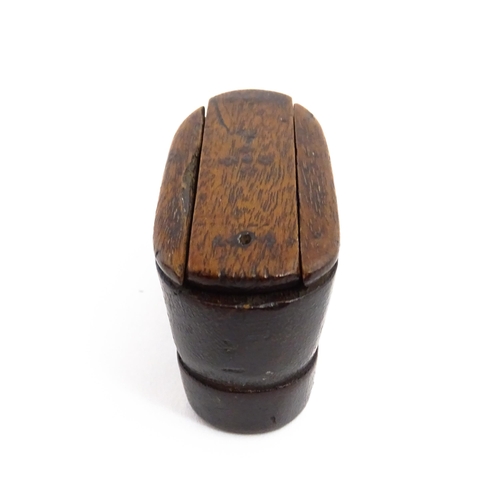 1137 - Treen : A 19thC shoe snuff box with sliding lid and inlaid studwork decoration. Approx. 4 1/4