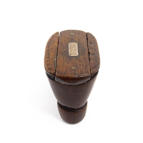 1141 - Treen : A 19thC shoe snuff box with sliding lid and inlaid brass studwork decoration. Approx. 3 3/4