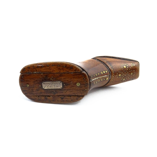 1141 - Treen : A 19thC shoe snuff box with sliding lid and inlaid brass studwork decoration. Approx. 3 3/4