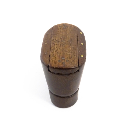 1145 - Treen : A 19thC shoe snuff box with sliding lid and inlaid brass studwork decoration. Approx. 4