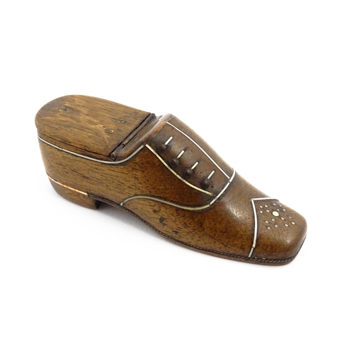 1146 - Treen : A 19thC shoe snuff box with hinged lid and inlaid decoration. Approx. 4 3/4