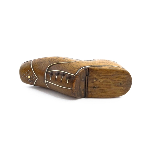 1146 - Treen : A 19thC shoe snuff box with hinged lid and inlaid decoration. Approx. 4 3/4