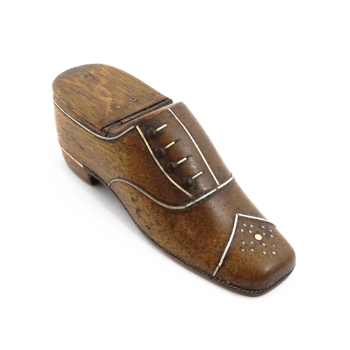 1146 - Treen : A 19thC shoe snuff box with hinged lid and inlaid decoration. Approx. 4 3/4