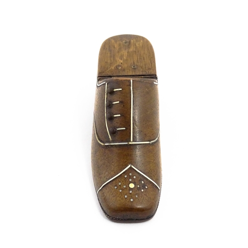 1146 - Treen : A 19thC shoe snuff box with hinged lid and inlaid decoration. Approx. 4 3/4