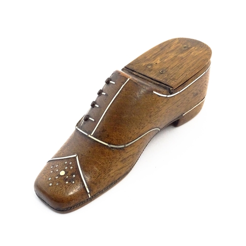 1146 - Treen : A 19thC shoe snuff box with hinged lid and inlaid decoration. Approx. 4 3/4