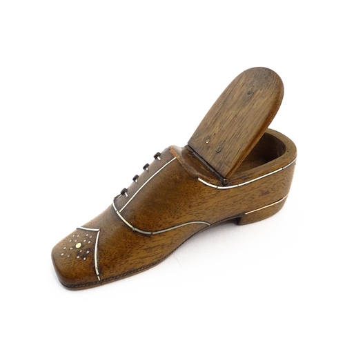 1146 - Treen : A 19thC shoe snuff box with hinged lid and inlaid decoration. Approx. 4 3/4