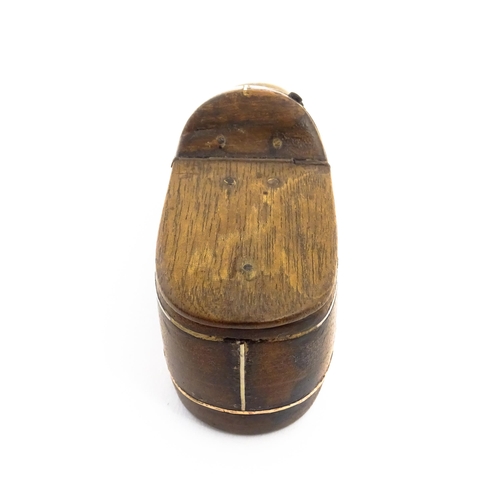 1146 - Treen : A 19thC shoe snuff box with hinged lid and inlaid decoration. Approx. 4 3/4