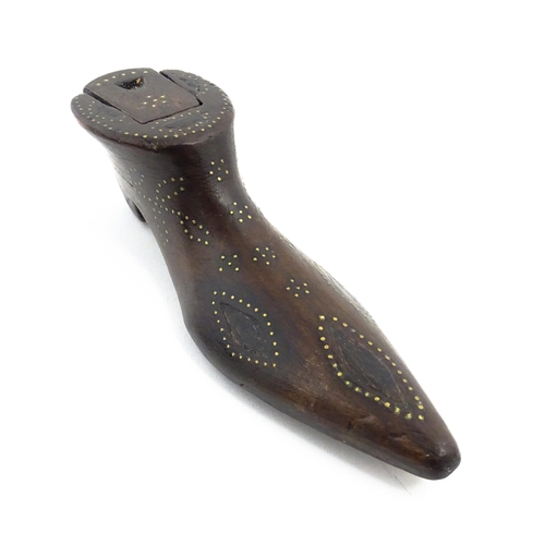 1148 - Treen : A 19thC shoe snuff box with sliding lid and inlaid brass studwork decoration. Approx. 4 3/4