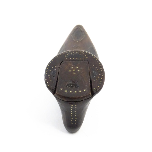 1148 - Treen : A 19thC shoe snuff box with sliding lid and inlaid brass studwork decoration. Approx. 4 3/4