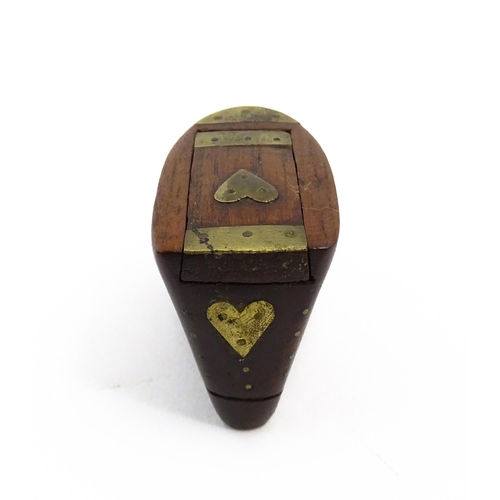 1152 - Treen : A 19thC shoe snuff box, the sliding lid with brass mounts, decorated with heart and diamond ... 