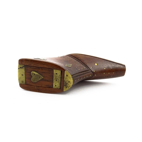 1152 - Treen : A 19thC shoe snuff box, the sliding lid with brass mounts, decorated with heart and diamond ... 