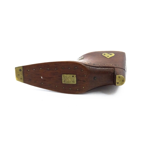 1152 - Treen : A 19thC shoe snuff box, the sliding lid with brass mounts, decorated with heart and diamond ... 