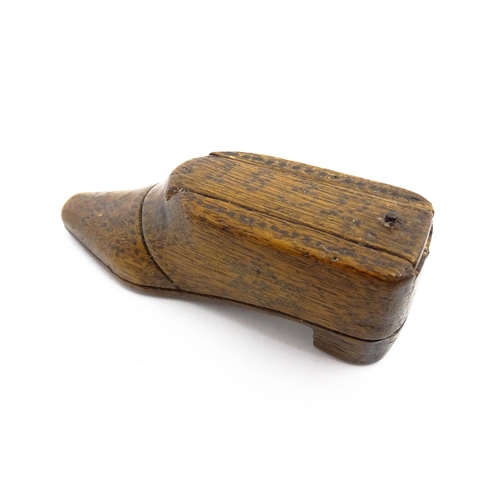 1154 - Treen : An early 19thC shoe snuff box with sliding lid and inlaid brass studwork decoration, dated 1... 