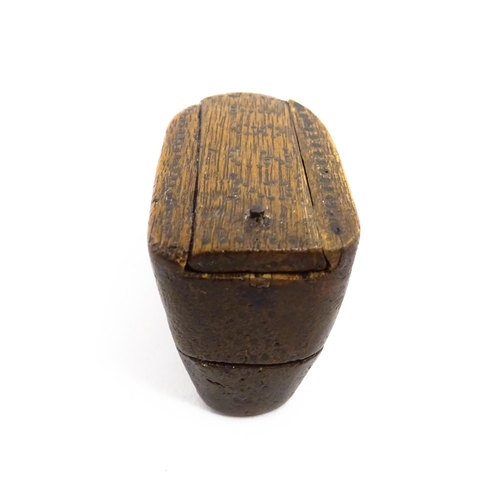 1154 - Treen : An early 19thC shoe snuff box with sliding lid and inlaid brass studwork decoration, dated 1... 