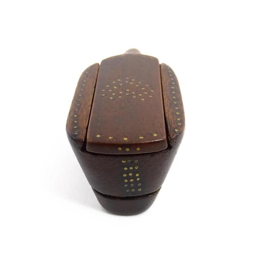 1157 - Treen : A 19thC shoe snuff box with sliding lid and inlaid brass heart studwork decoration. Approx. ... 