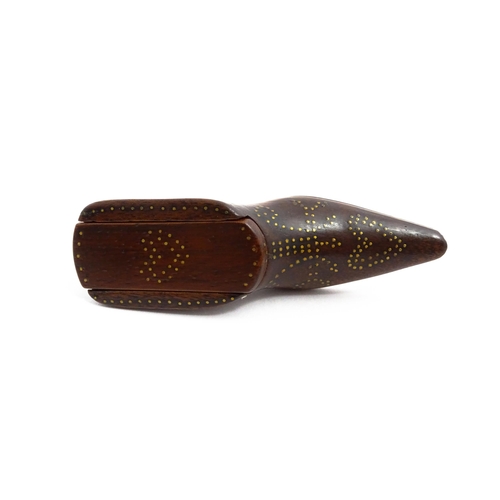 1157 - Treen : A 19thC shoe snuff box with sliding lid and inlaid brass heart studwork decoration. Approx. ... 