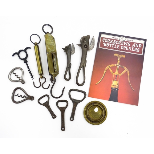 1182 - A quantity of assorted corkscrews, bottle openers, etc. to include a bulls head tin / can opener, a ... 